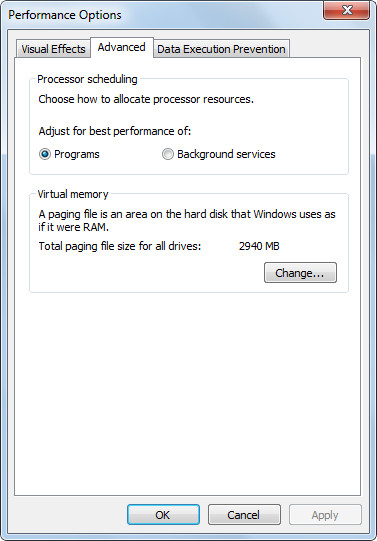 Change Virtual memory in win 7