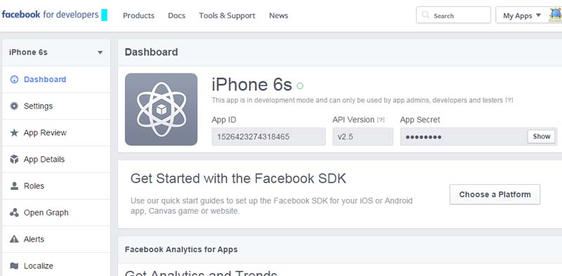 facebook app dashboard