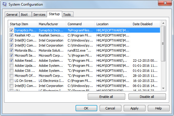 msconfig window in win7
