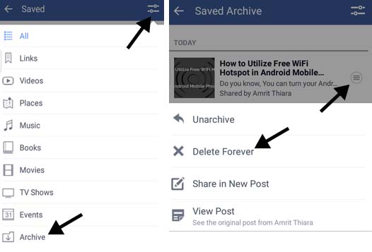 facebook delete saved mobile app