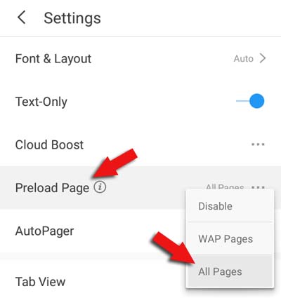 uc browser preload page option