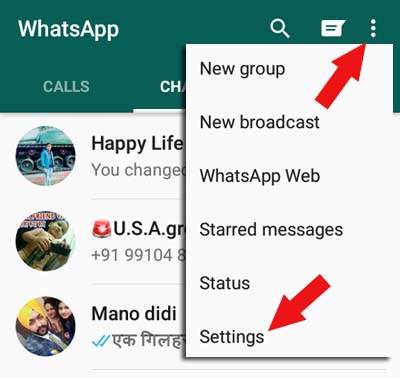 whatsapp option menu and settings